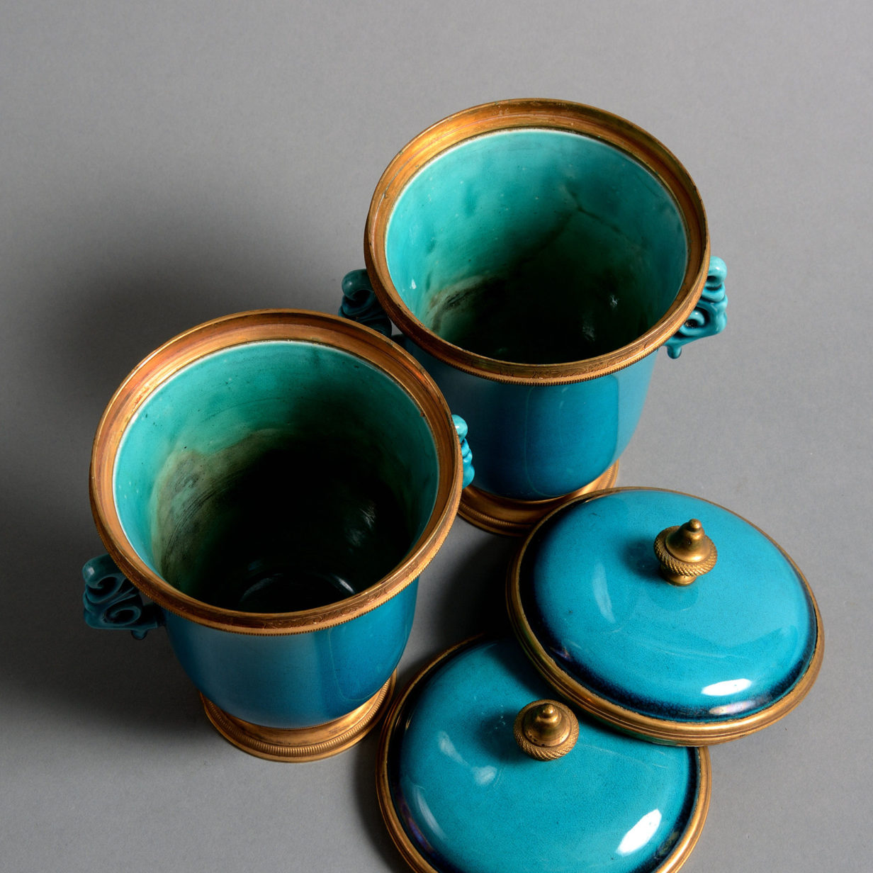 A pair of 19th century ormolu mounted turquoise porcelain vases by samson