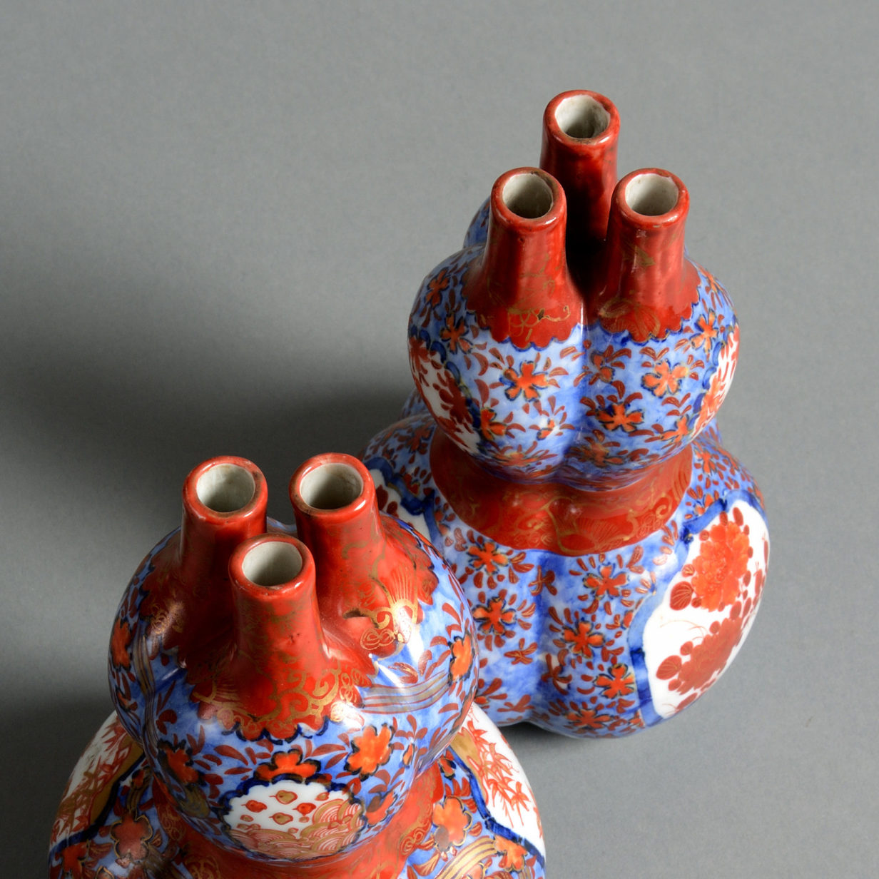 A Pair of 19th Century Imari Triple Gourd Vases