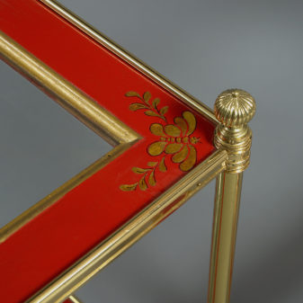 A mid-20th century pair of mallett red lacquer two tier tables