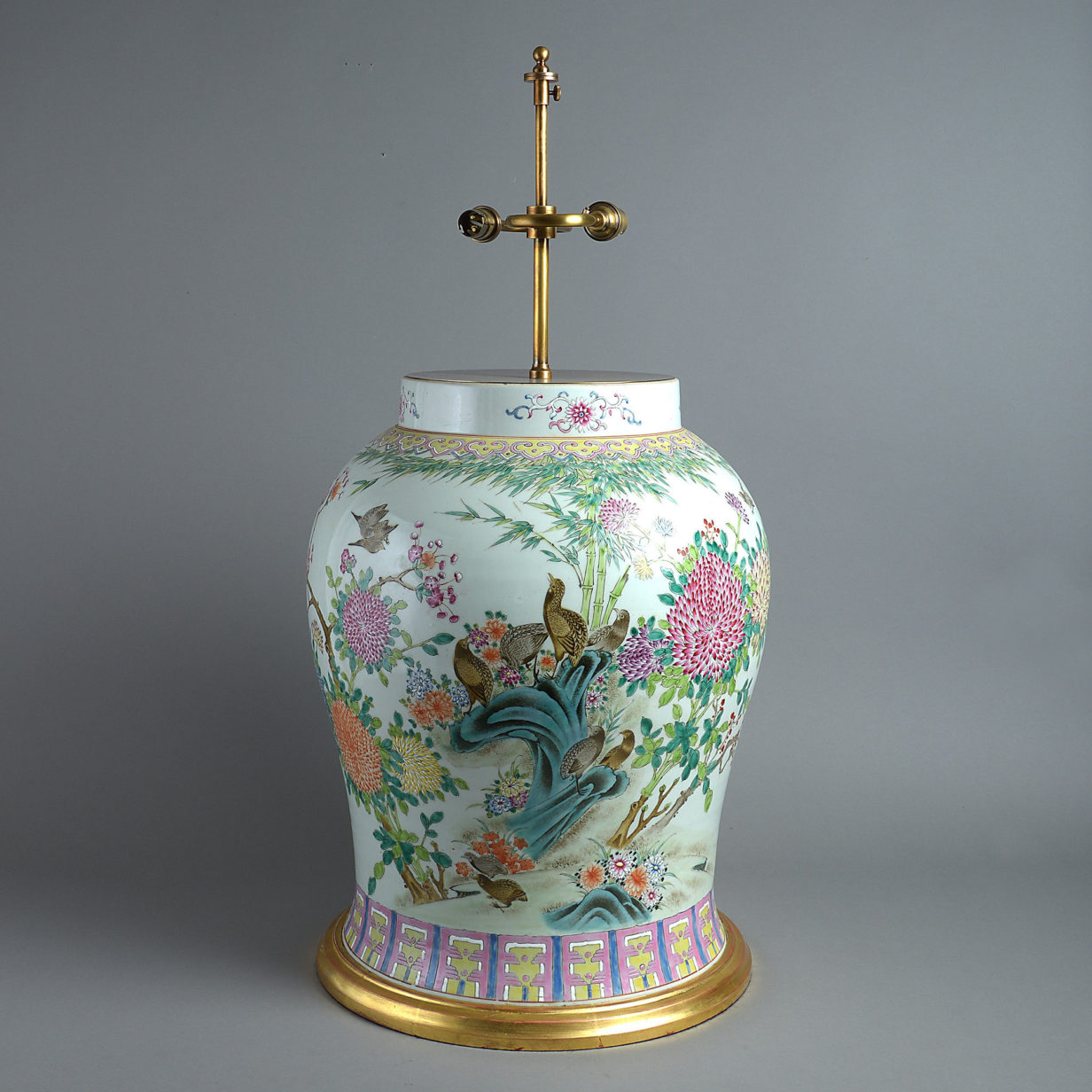 A large 20th century famille rose porcelain lamp base