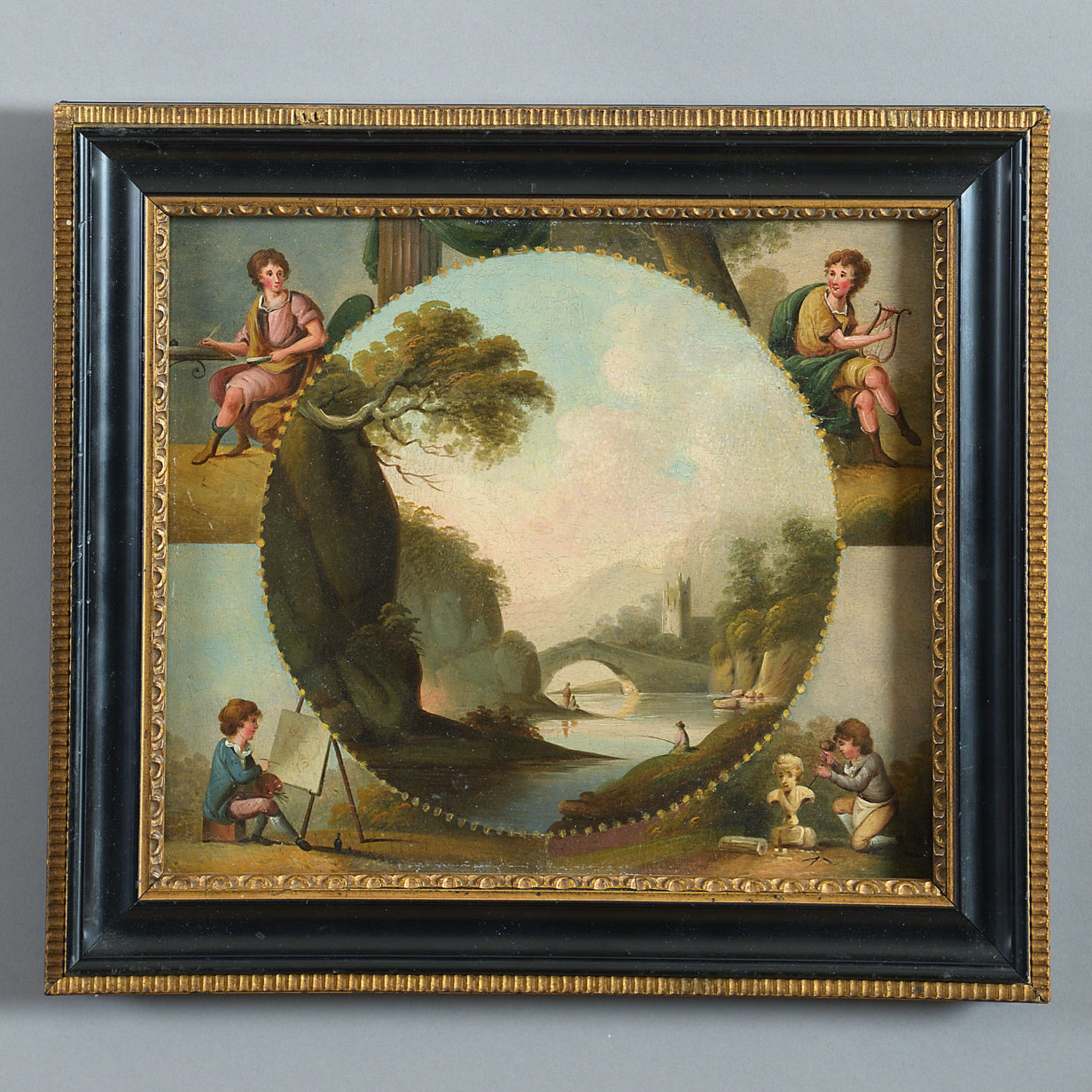 A late 18th century oil on panel, depicting the arts