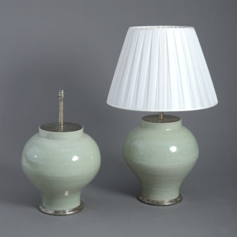 Pair of Large Celadon Vase Lamps