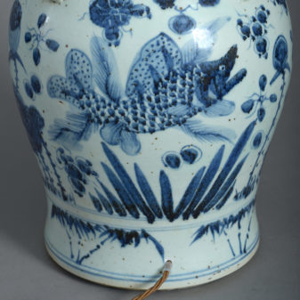 A blue and white vase lamp