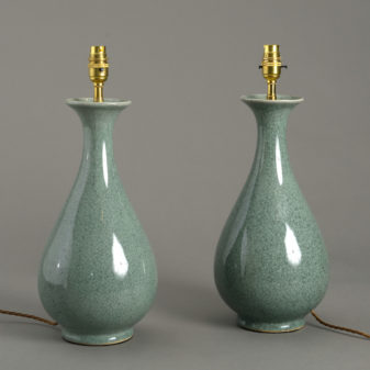 A pair of celadon crackle glazed porcelain vase lamps