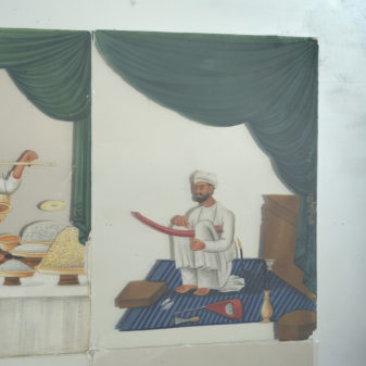 A 19th century collage of four mica pictures on mirror glass