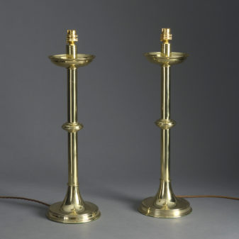 Four 19th century brass candlestick lamps