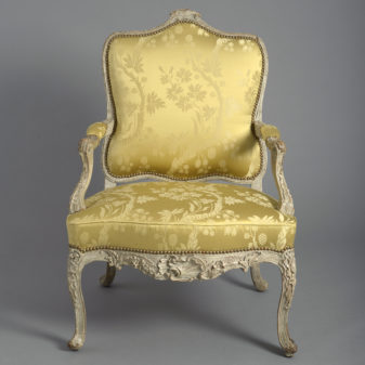 Large 18th century regence period painted fauteuil or open armchair