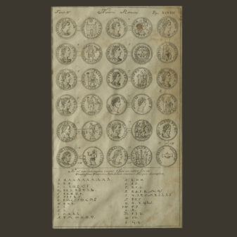 Six early 19th century framed ancient coin engravings