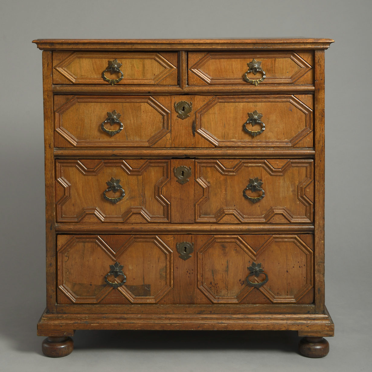 17th century charles ii period geometric oak chest of drawers