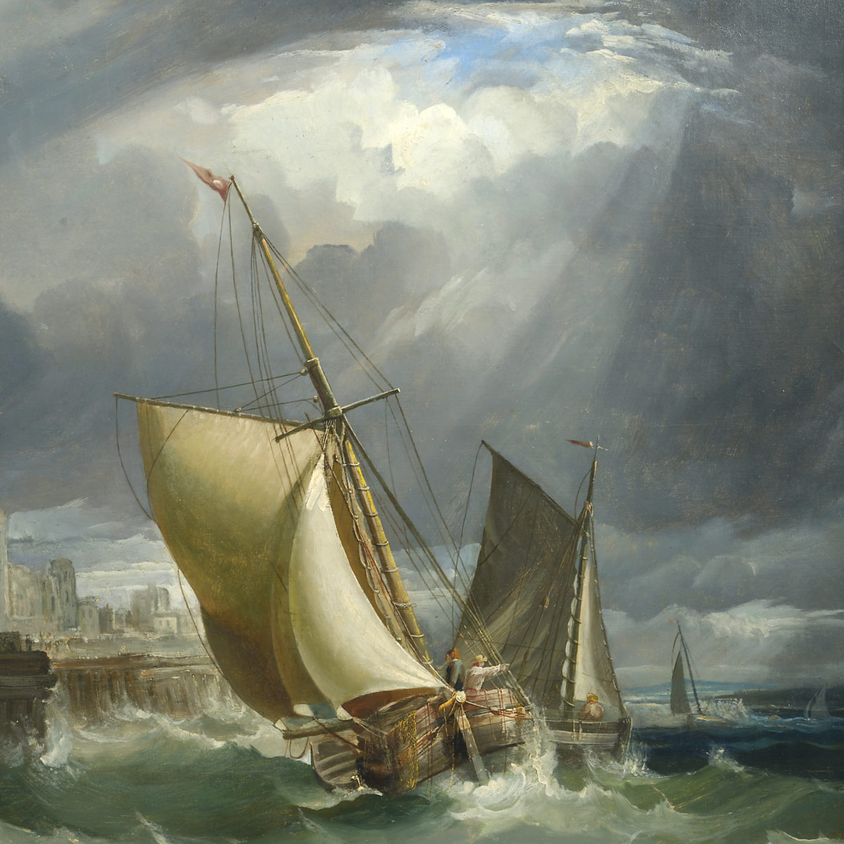 A 19th century coastal scene - a storm in a port