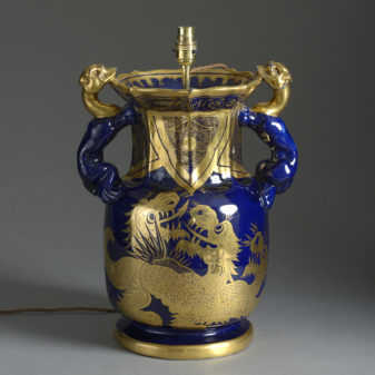 19th century mason's ironstone blue & gold vase lamp