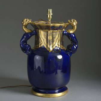 19th century mason's ironstone blue & gold vase lamp