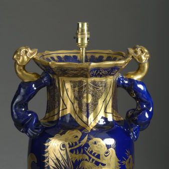 19th century mason's ironstone blue & gold vase lamp