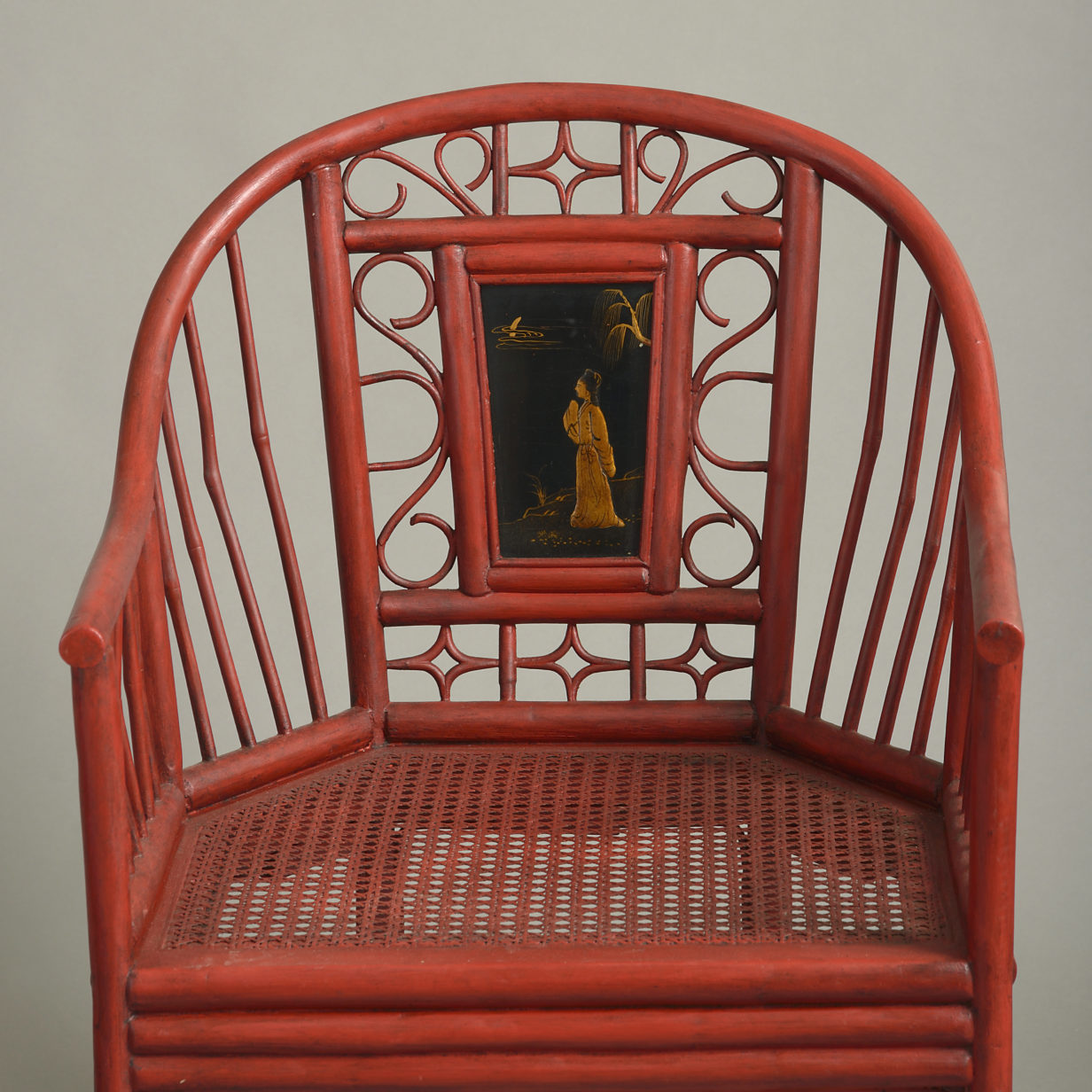 Pair of 20th century red lacquer chinoiserie armchairs