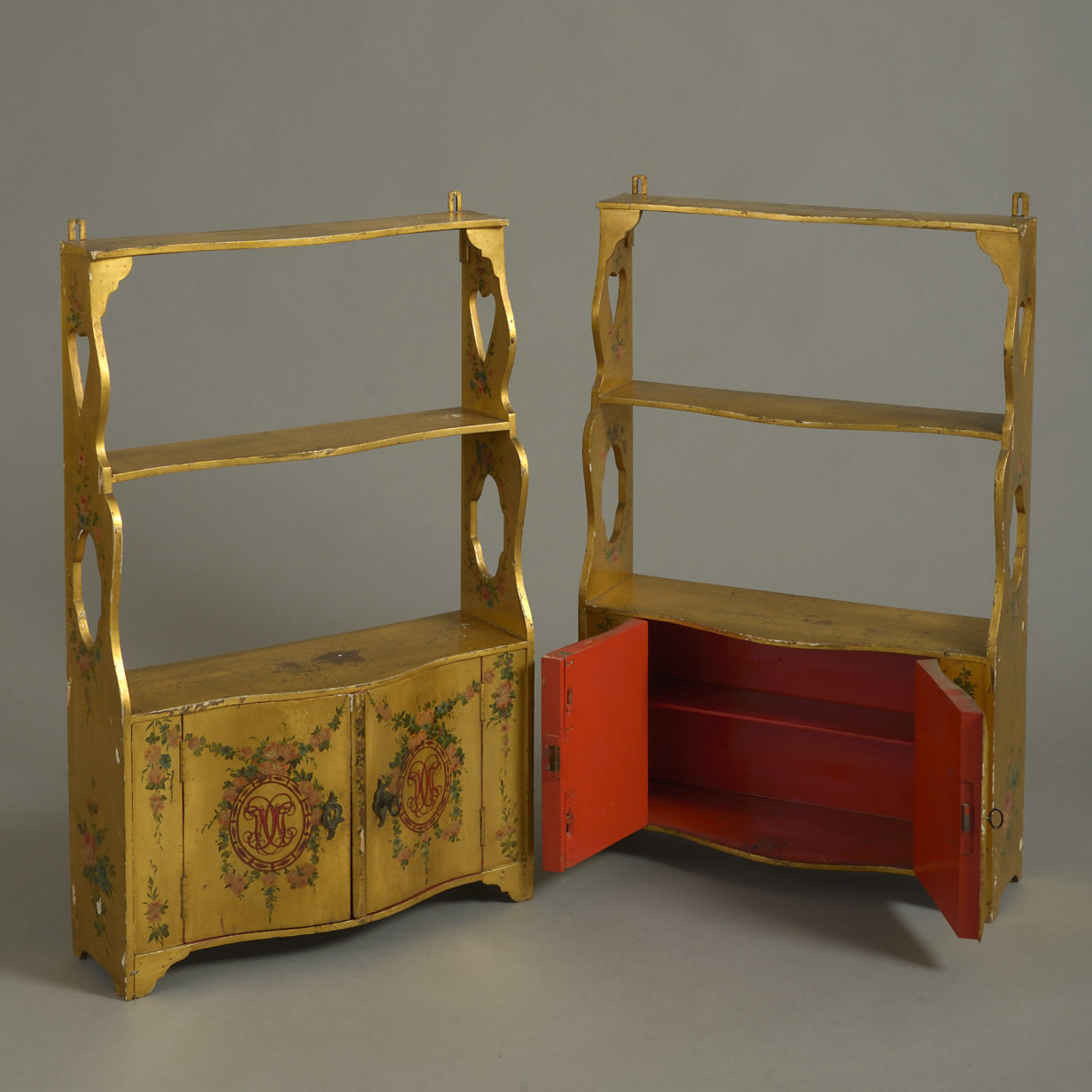 Pair of 18th century yellow painted hanging shelves