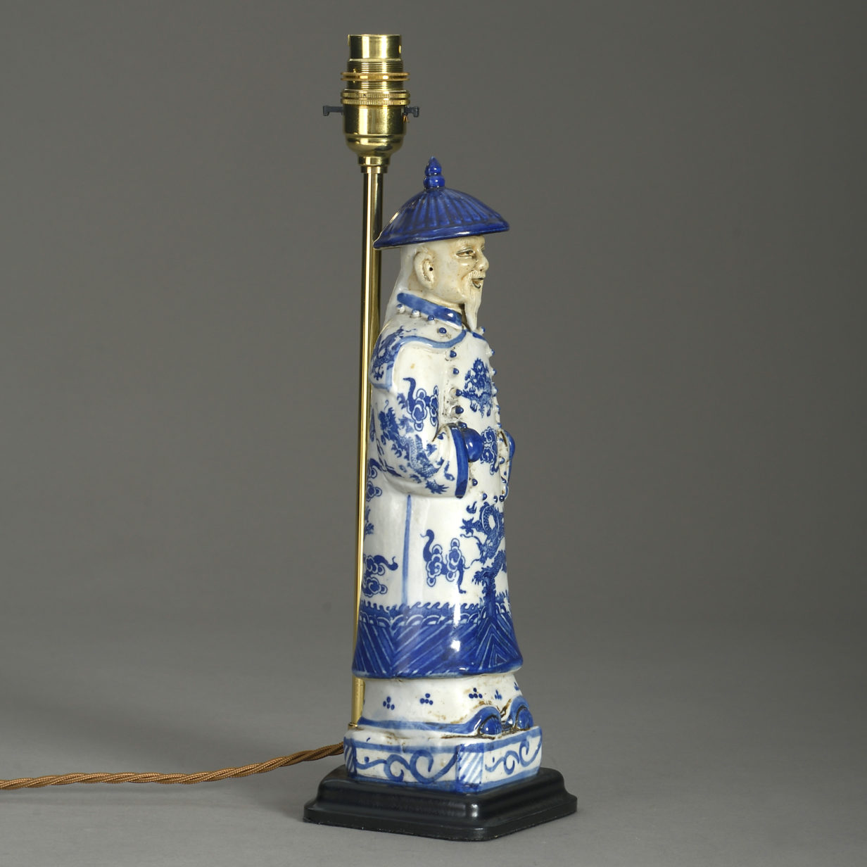 Early 20th century blue & white porcelain chinaman lamp