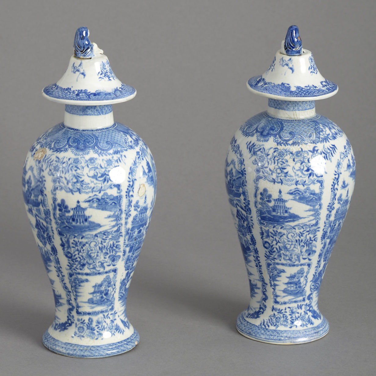 Pair of 18th century blue and white staffordshire pottery vases