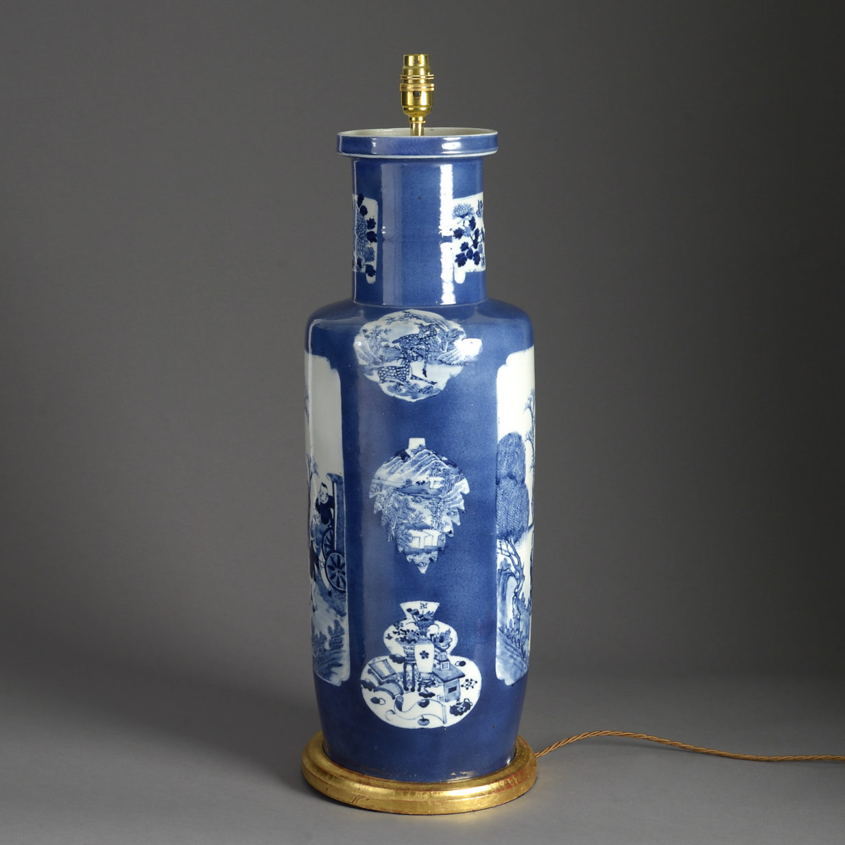 Large 19th century blue & white porcelain rouleau vase lamp