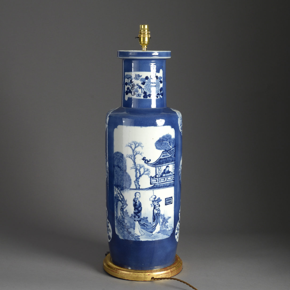 Large 19th century blue & white porcelain rouleau vase lamp