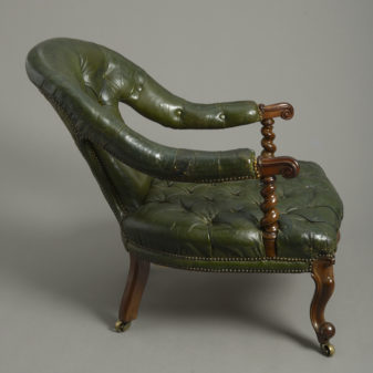 19th century victorian walnut & green leather club easy chair
