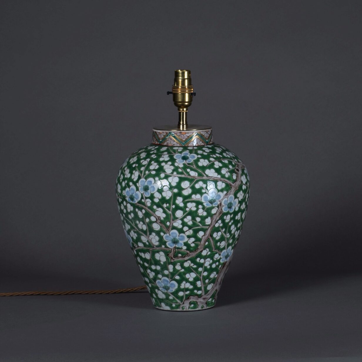 Late 19th century green glazed cherry blossom vase lamp