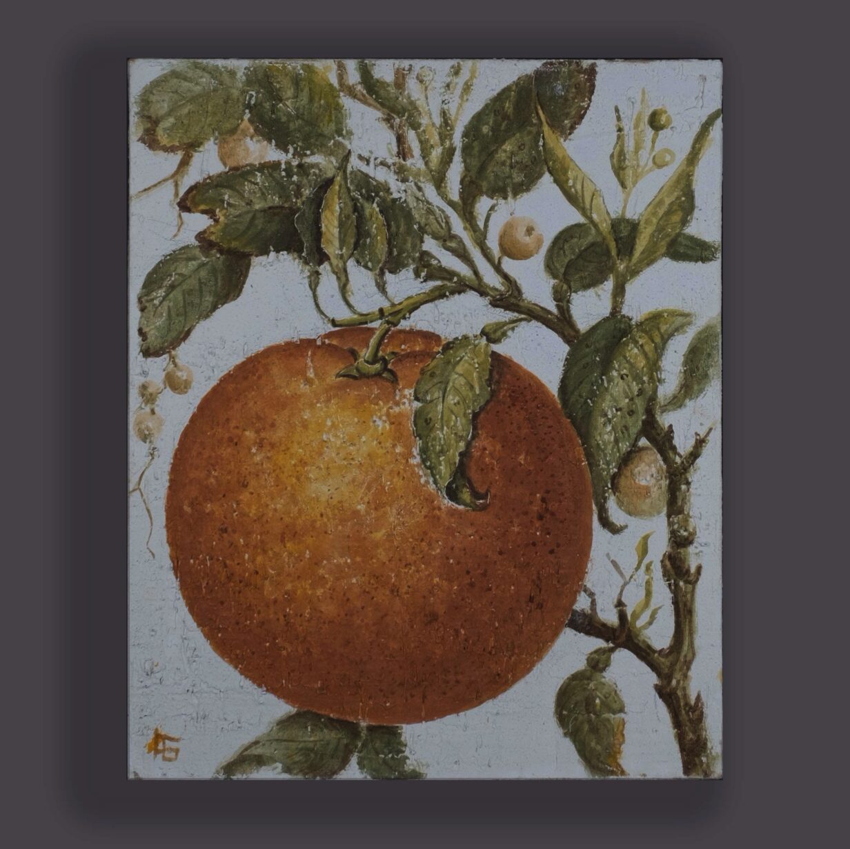 Two oils on canvas - a stylised orange and lemon