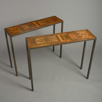Pair of Parquetry and Iron Console Tables