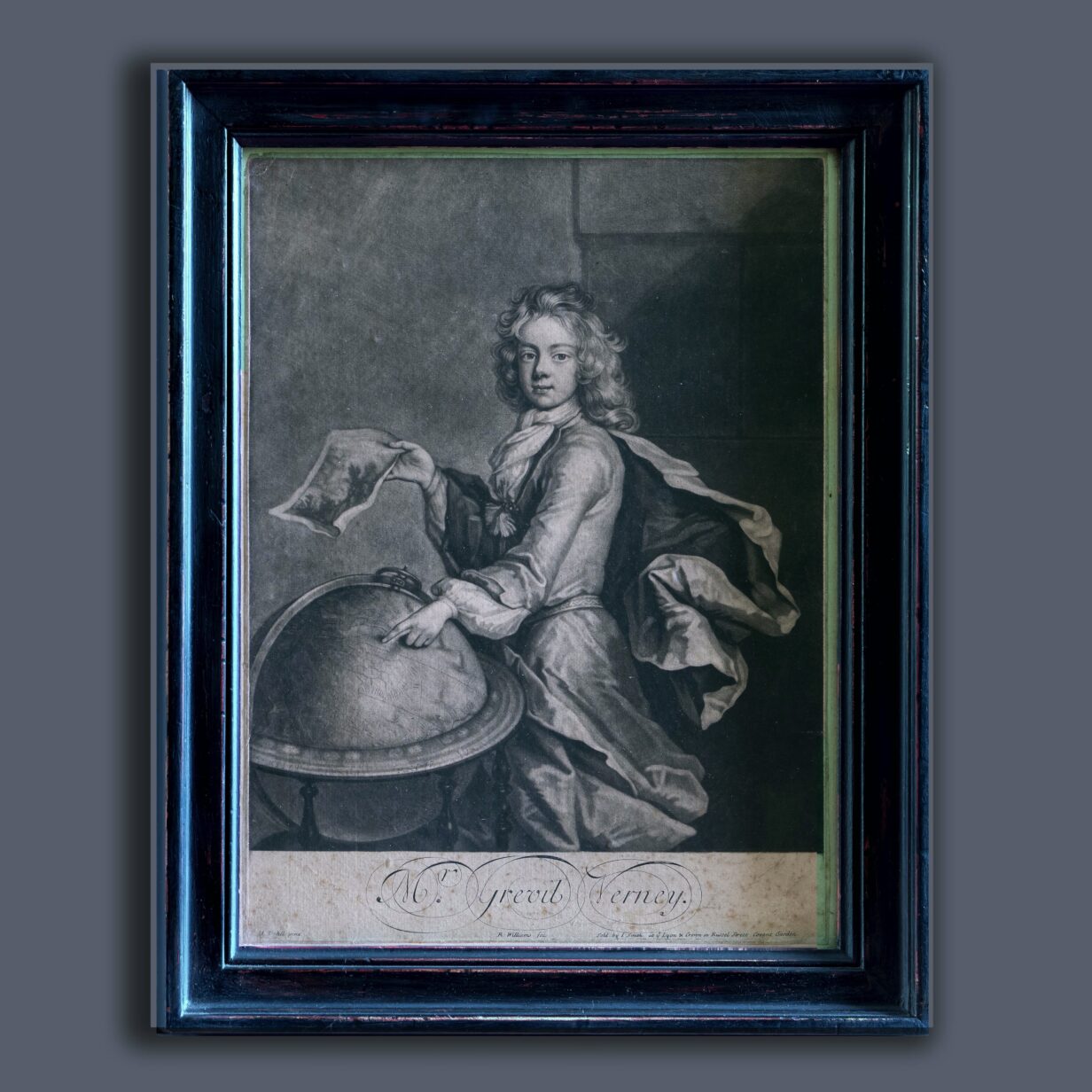 After michael dahl, a 17th century mezzotint portrait of greville verney