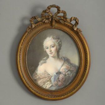 French school, 19th century a pair of portraits of louise henriette de bourbon (1726 – 1759) and françoise marie de bourbon, (1677-1749) oval pastel on paper; signed indistinctly; held in decorative swaged frames louise henriette de bourbon (1726 -1759), was a french princess, who, by marriage, became duchess of chartres (1743–1752), then duchess of orléans (1752–1759) upon the death of her father-in-law. In 1752, her husband became the head of the house of orléans, and the ‘premier prince du sang’, the most important personage after the immediate members of the royal family. Françoise marie de bourbon, (1677-1749) was the youngest illegitimate daughter of louis xiv and his mistress, the marquise de montespan. At the age of 14, she was wed to her first cousin phillippe d’orléans, future regent of france during the minority of louis xv. Through two of the eight children she bore him in an unhappy marriage she became the ancestress of several of europe's roman catholic monarchs of the 19th and 20th centuries, notably those of belgium, italy, portugal, spain, and france.