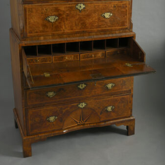 Early 18th century george i period burr walnut secretaire chest on chest