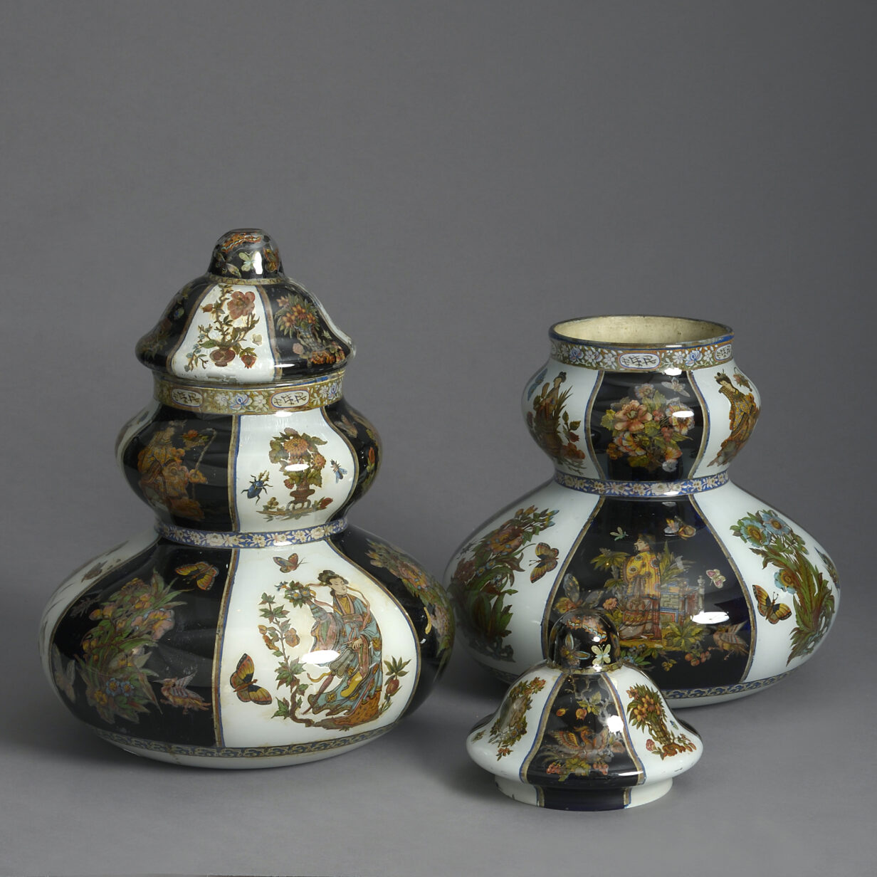 Pair of Decalcomania Gourd Vases