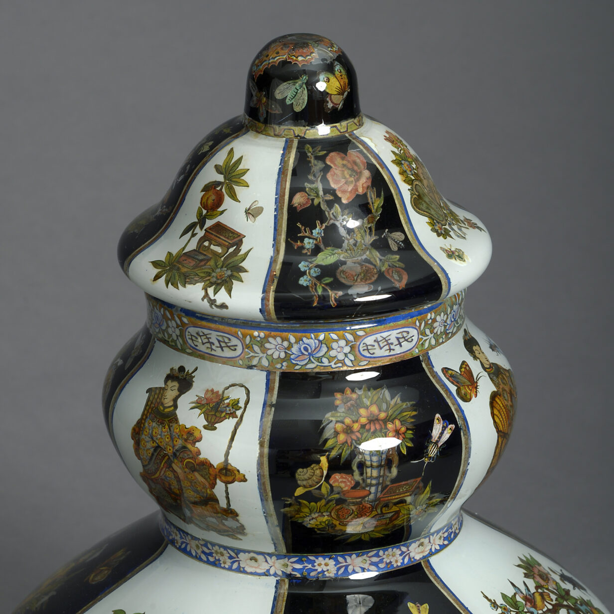 Large Pair of 19th Century Decalcomania Gourd Vase
