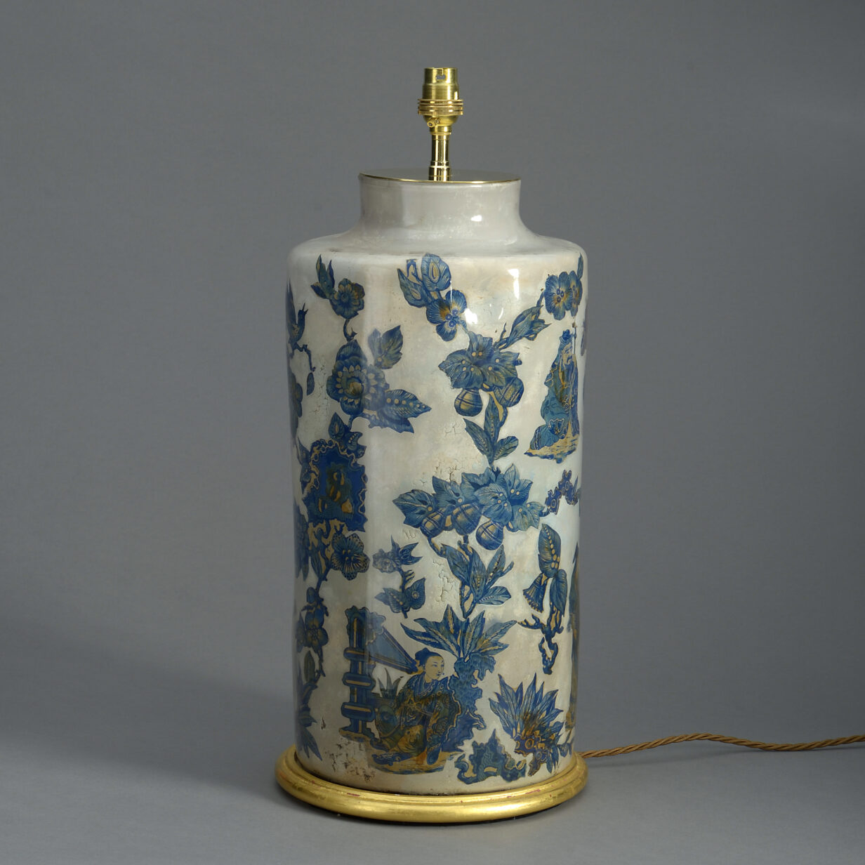 19th century cylindrical decalcomania vase lamp
