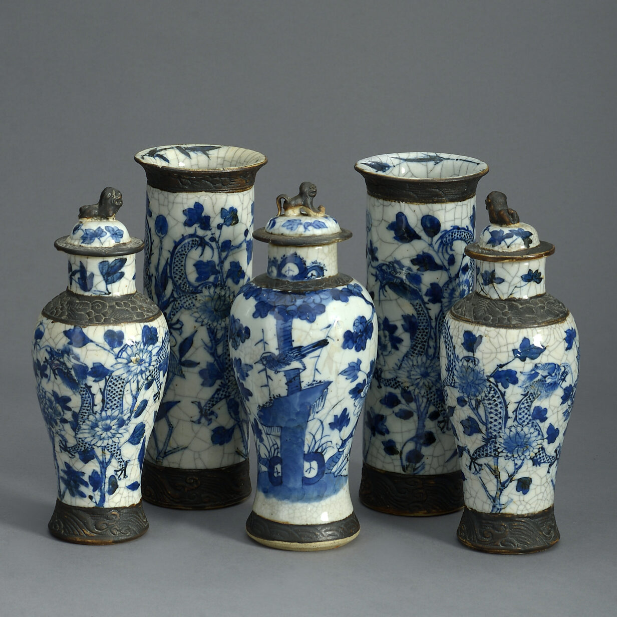 19th century garniture of five crackle glazed vase