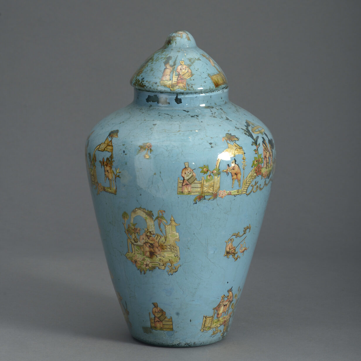 Blue decalcomania vase and cover