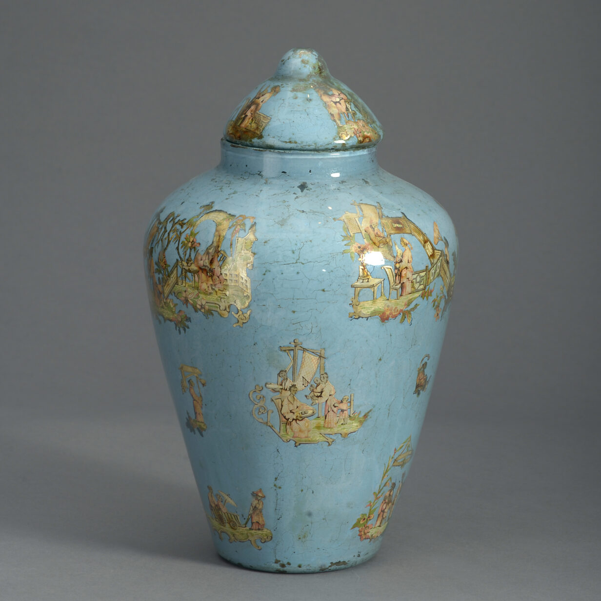 19th century blue ground decalcomania vase and cover