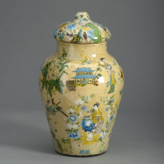 19th century yellow ground decalcomania glass vase and cover