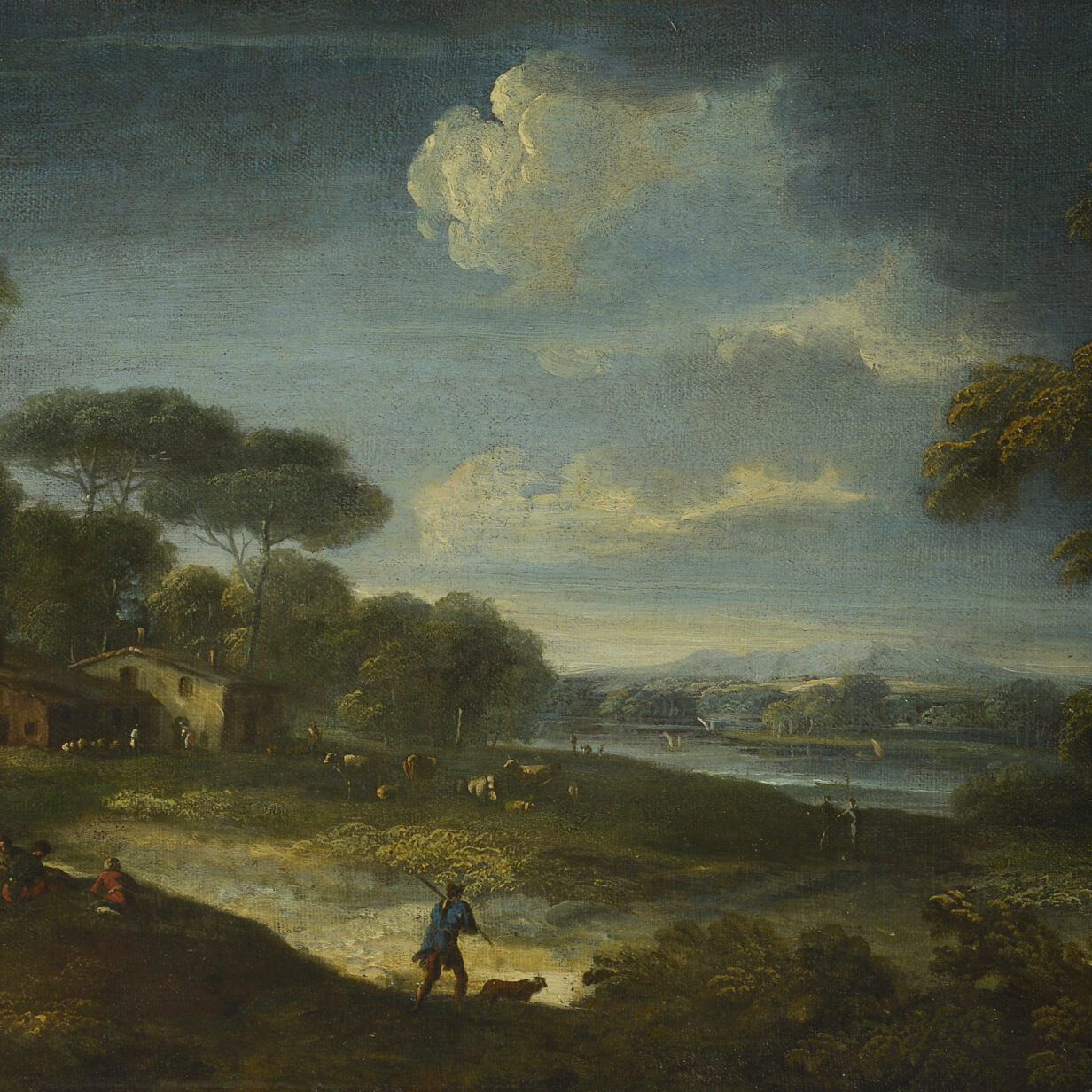 Follower of salvator rosa, an extensive pastoral landscape with lake, 18th century oil on canvas