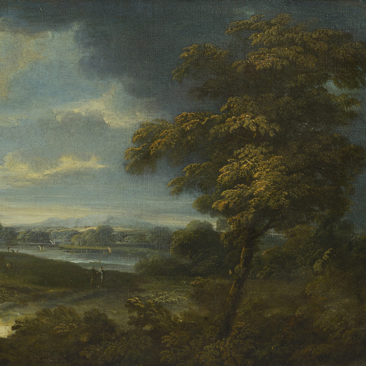 Follower of salvator rosa, an extensive pastoral landscape with lake, 18th century oil on canvas