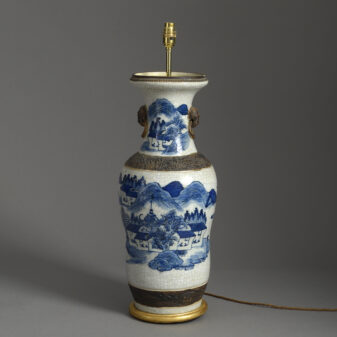 Large 19th Century Blue & White Glazed Crackleware Vase Lamp