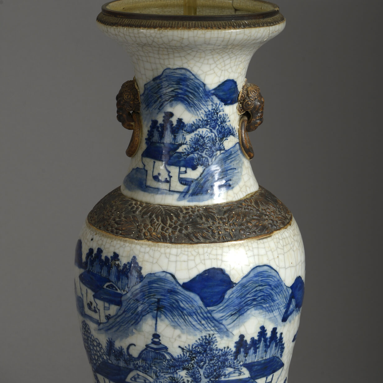 Large 19th century blue & white glazed crackleware vase lamp