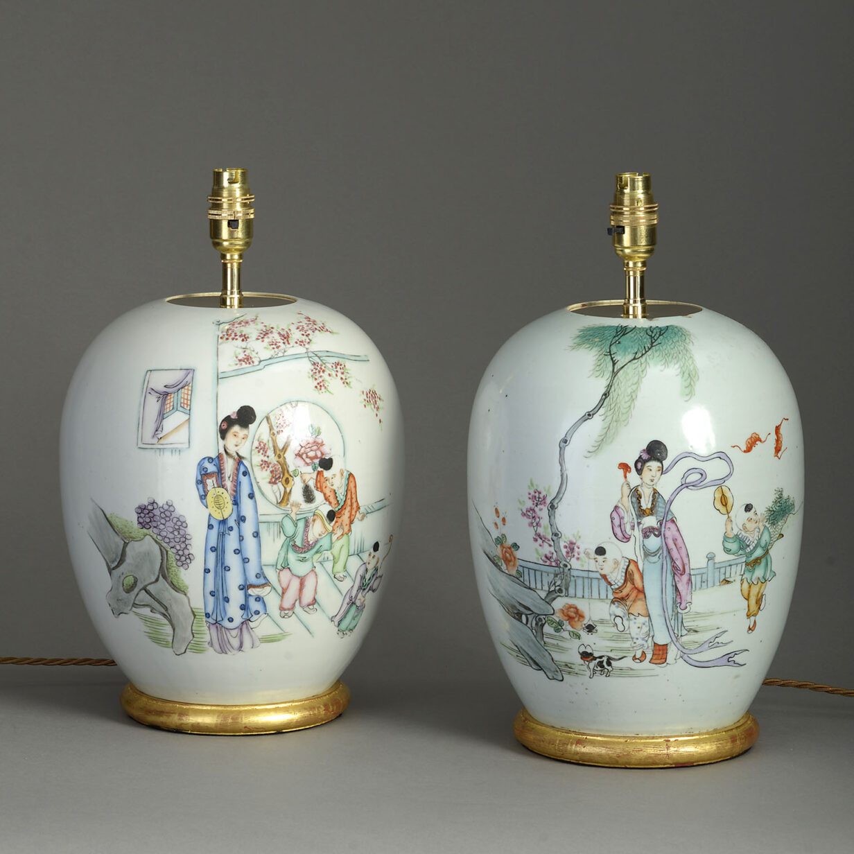 Pair of republic period figurative porcelain jar lamps
