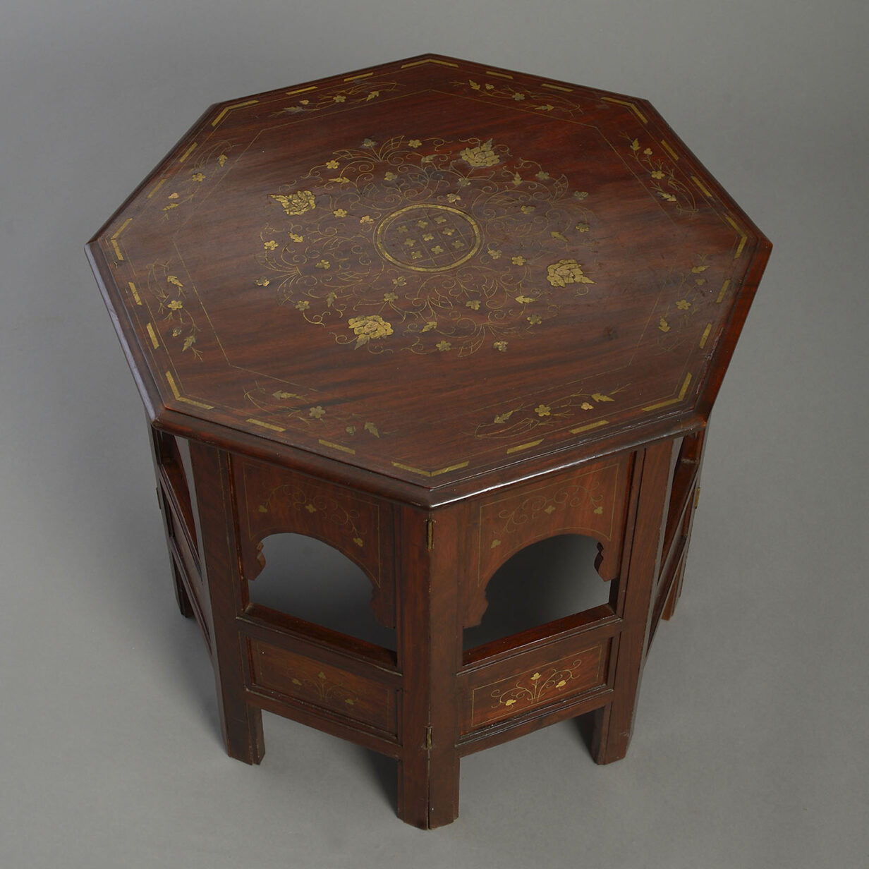 19th century brass inlaid folding octagonal table