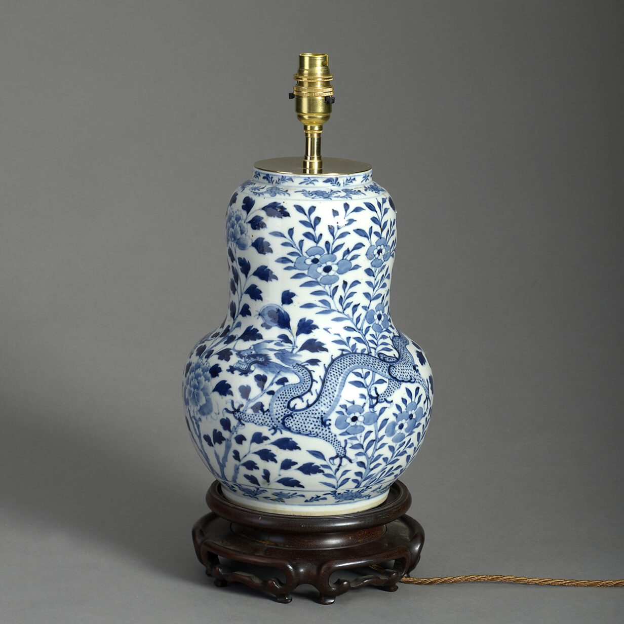19th century blue & white glazed porcelain gourd dragon vase lamp