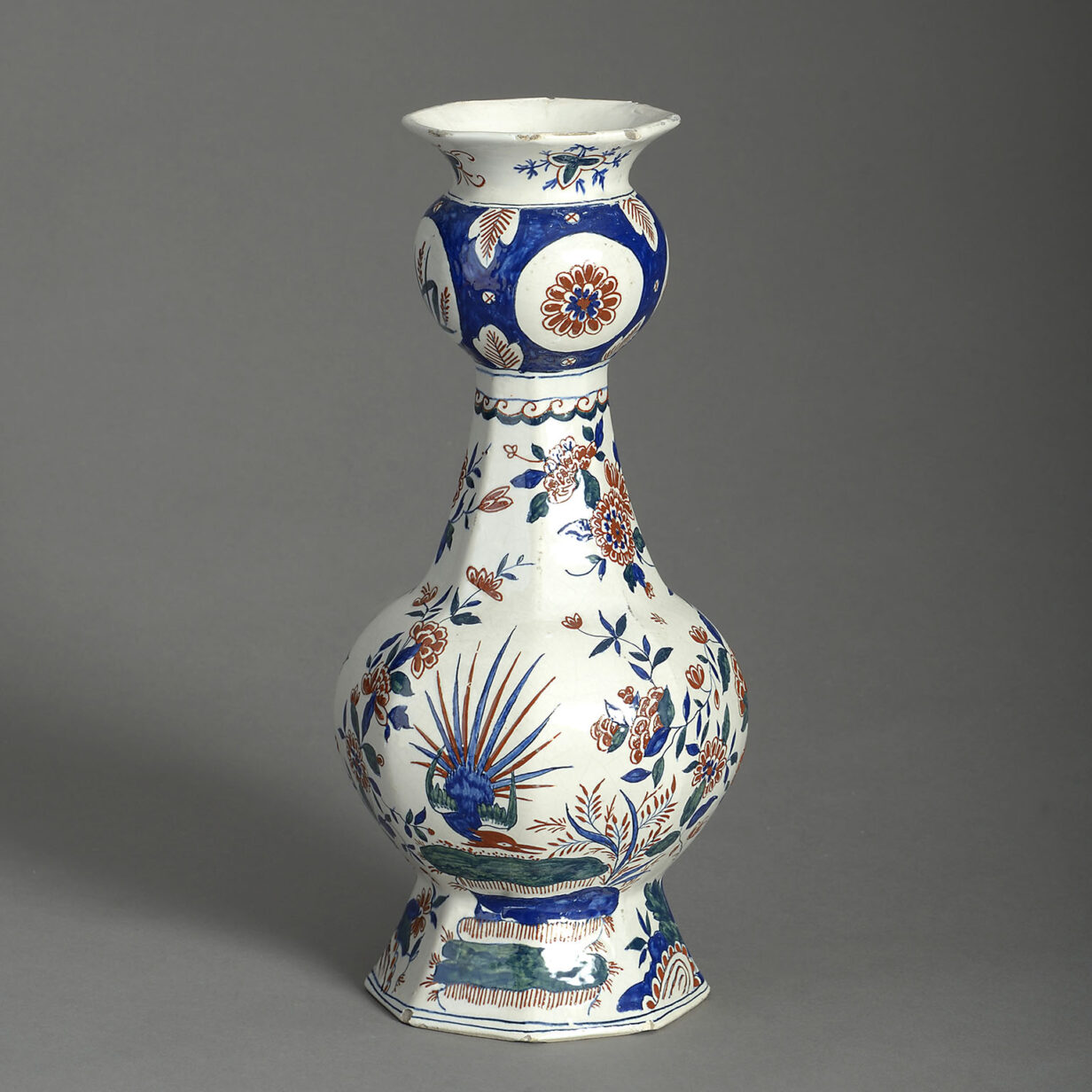 18th century polychrome delft pottery garlic neck vase