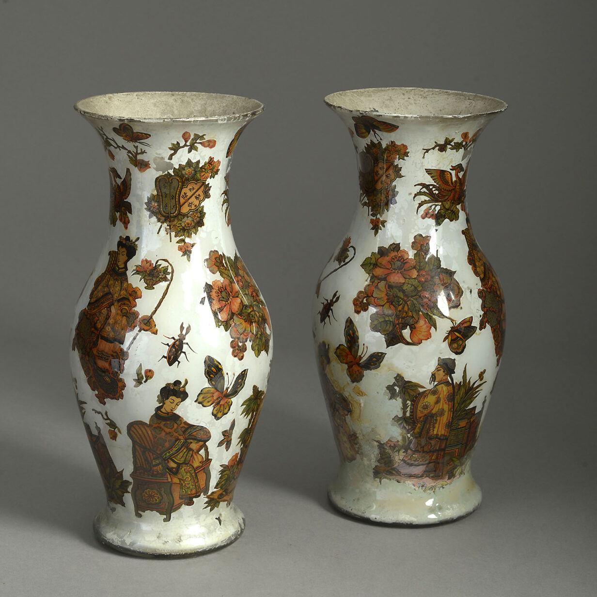 19th Century Pair of Decalcomania Vases
