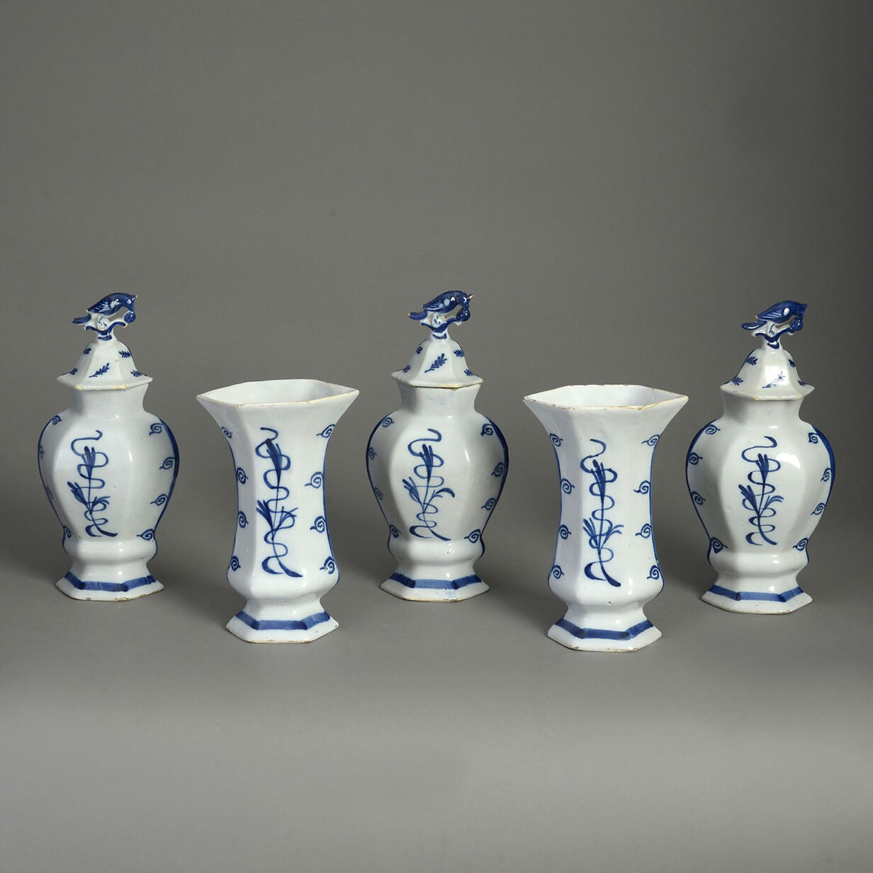 19th Century Garniture of Five Blue & White Delft Vases