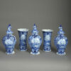 Garniture of five delft blue and white vases