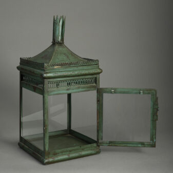 20th century regency style green painted tole square hanging lantern