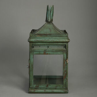 20th century regency style green painted tole square hanging lantern